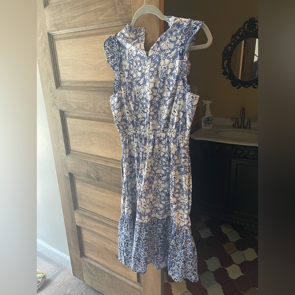 J Crew NWT Ruffle Tiered Blue Size 4 Floral Midi Short Sleeve Dress Cotton Light - Picture 10 of 14